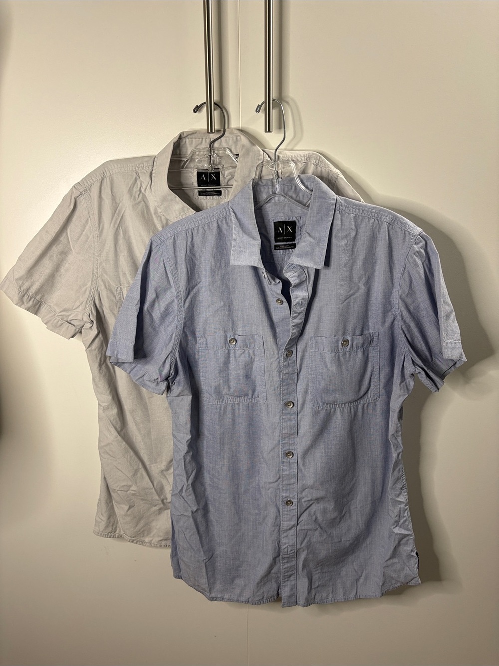 A/X Armani Exchange Short Sleeve Button-Down Shirts - Light Blue & White